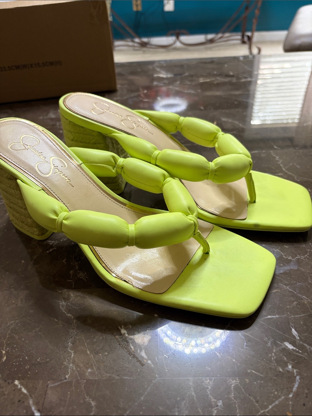 Jessica Simpson Neon Lime Beaded Strap Block Heel Sandals